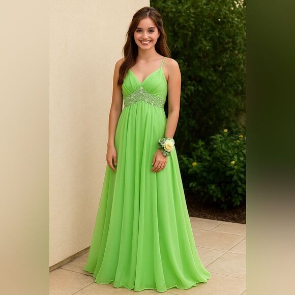 Vintage Mike Benet Size Small Lime Green Sequin Babydoll Chiffon Prom Dress - Picture 2 of 13